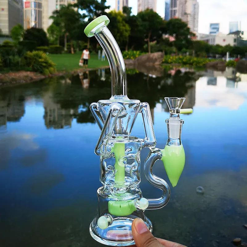 Fab Egg Double Recycler Bongs Turbine Perc Glass Bong Green Purple Pink Unique Oil Dab Rigs 14mm Joint Water Pipes With Heady Bowl