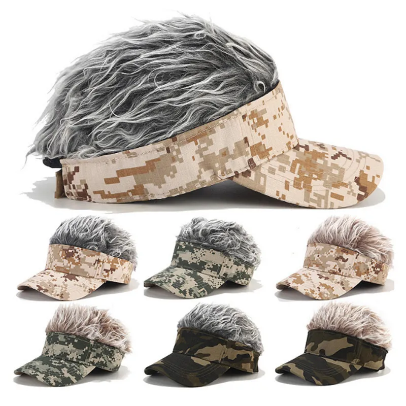 Män Kvinnor Camo Golflock med Fake Flair Hair Sunshade Hat Justerbar Huvudbonader För Camping Vandring Utomhussporter