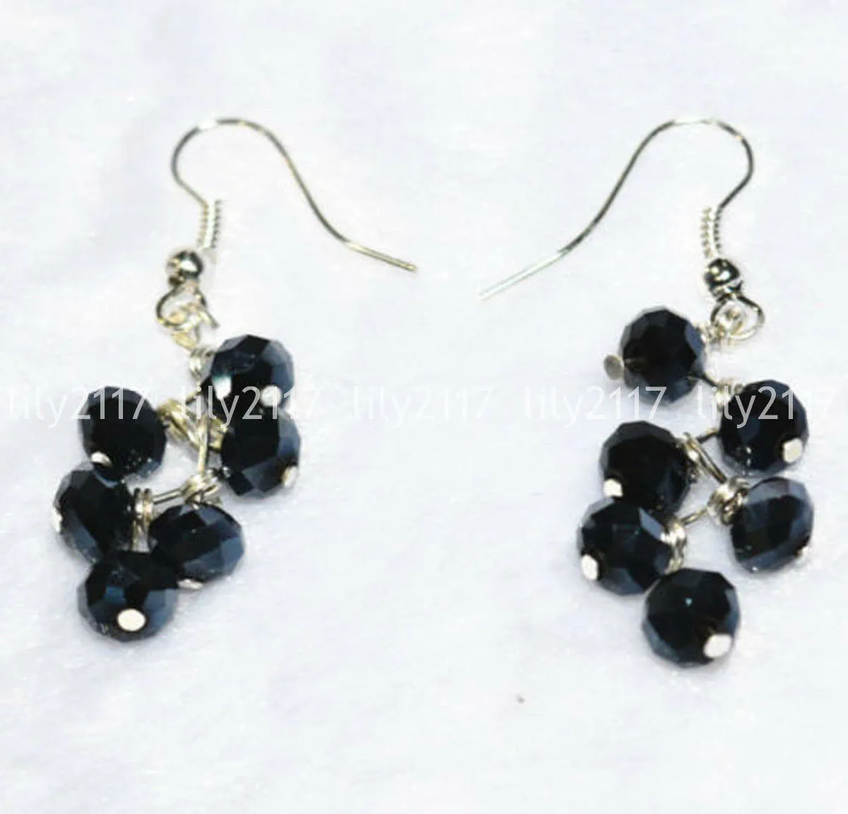 Perles de cristal naturel à facettes en cristal noir 4x6mm avec boucles d'oreilles à crochet en argent