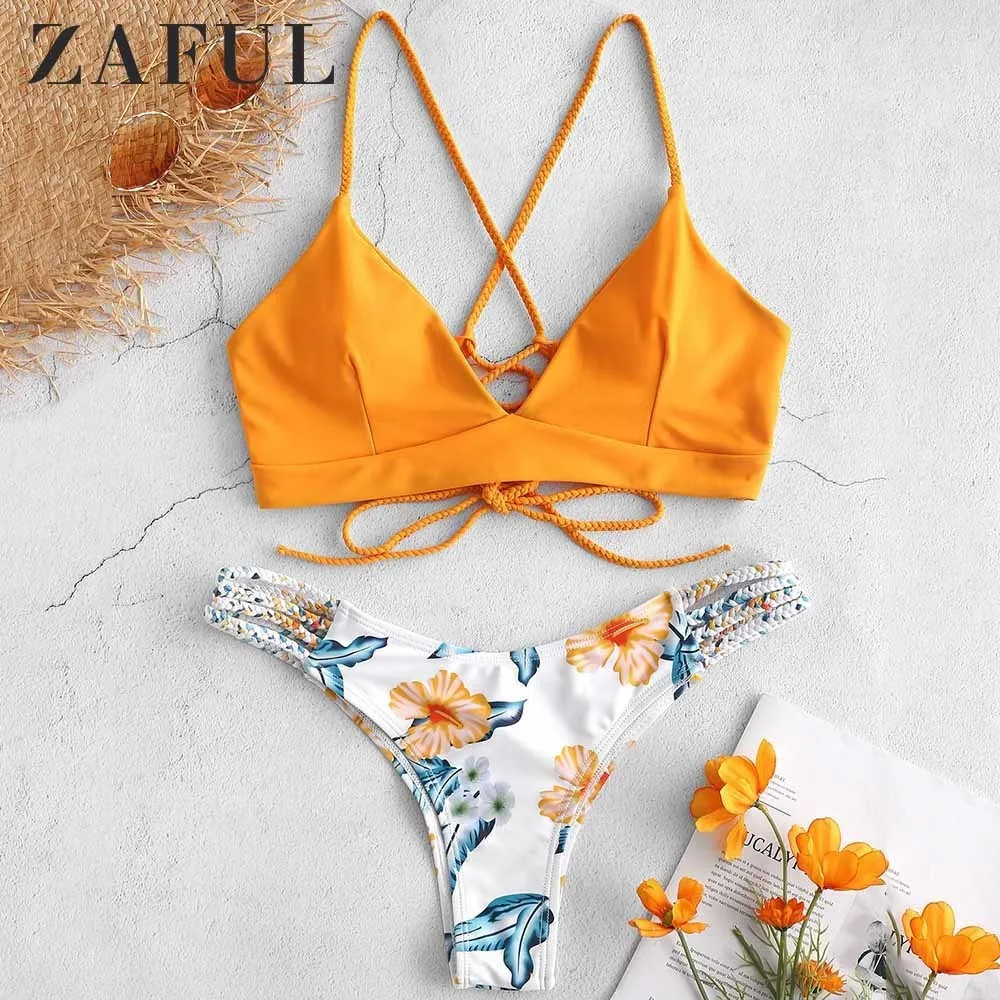 Zaful gevlochten riem bloem bikini set spaghetti riemen draad gratis lace up lage elastische getailleerde zwembroek vrouwen zomer 2 stuks sets T200325