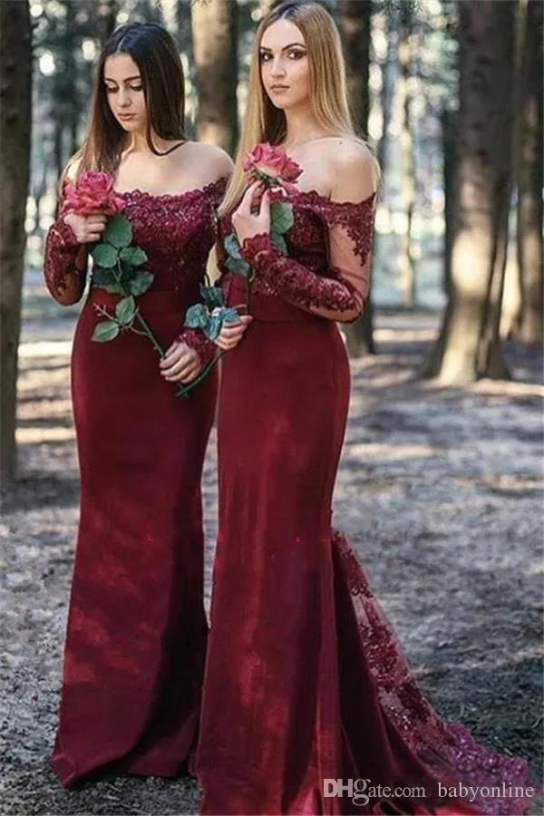 Cheap Sexy Burgundy Maroon Mermaid Bridesmaid Dresses Elegant Off Shoulder Long Sleeve Appliques Sequins Long Maid of Honor Gowns Custom