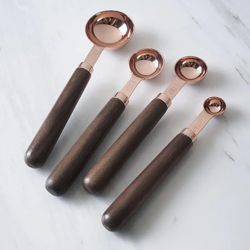 Rose Gold Copper Copos De Medição De Aço Inoxidável com Alças De Madeira Chá Café Medida Cooking Baking CHURRASCO Colheres ZC1091