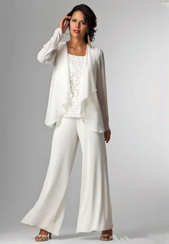 Neue Chiffon-Anzüge für die Brautmutter in Übergröße, Hosen, U-Ausschnitt, lange Ärmel, Rüschen, dreiteilige Kleider für die Brautmutter