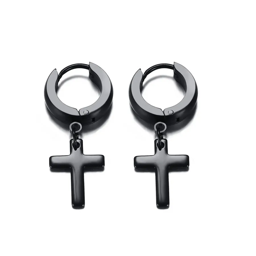 Punk hommes oreille Stud cercle rond croix Huggie boucles d'oreilles pour hommes petit Crucifix manchette boucle d'oreille en acier inoxydable Hip Hop mâle bijoux RRA2094