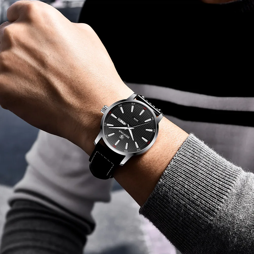 Marca de lujo superior BENYAR, nuevo reloj para hombre, moda, resistente al agua, fecha de semana, relojes militares de cuero de cuarzo para hombre, reloj Masculino230F