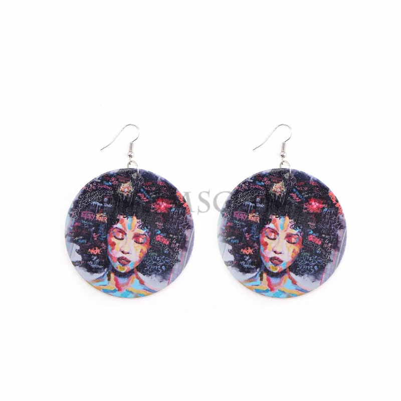 Hip Hop Printed African Heads Wooden Earrings Dangle Geometric Round Wood Charm Pendant Ear Hook Eardrop Earring Female Gifts Wedding