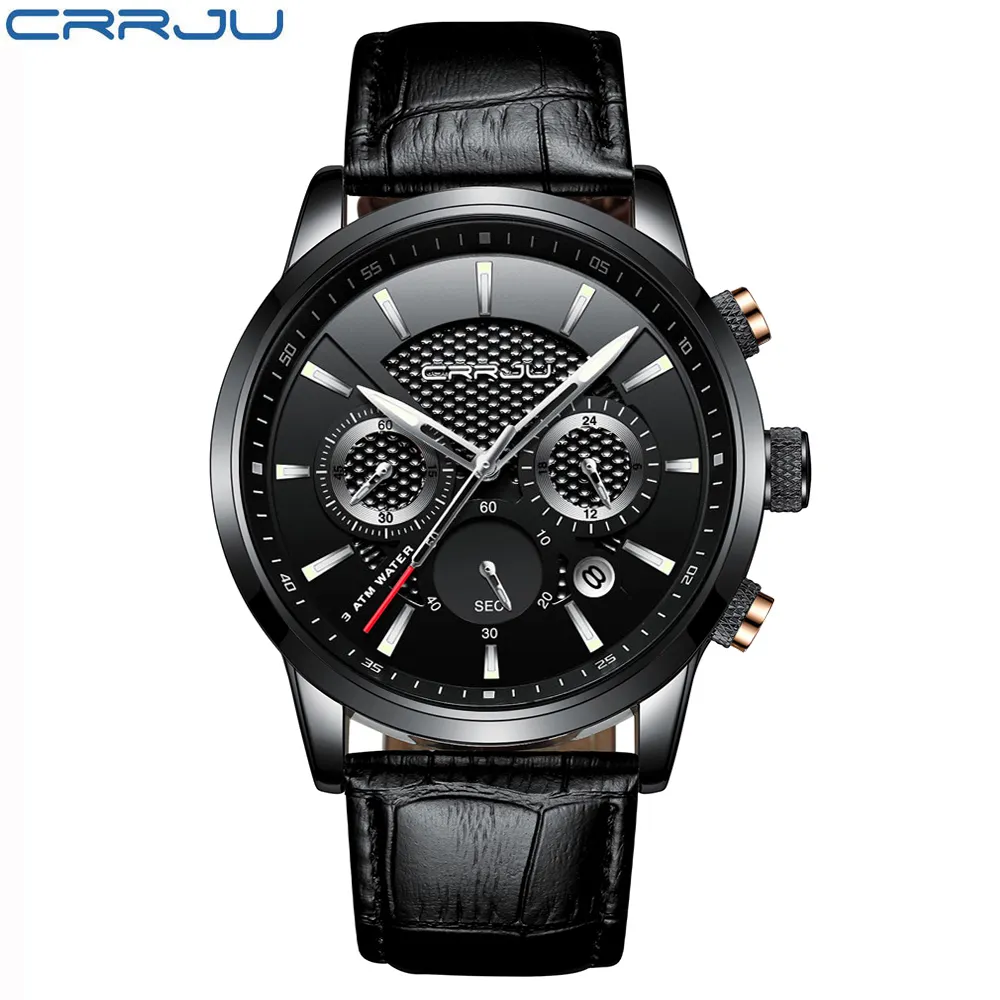 Neue Uhren Männer Luxus CRRJU Marke Chronograph Männer Sport Uhren Lederband Quarz Armbanduhr Relogio Masculin227Q