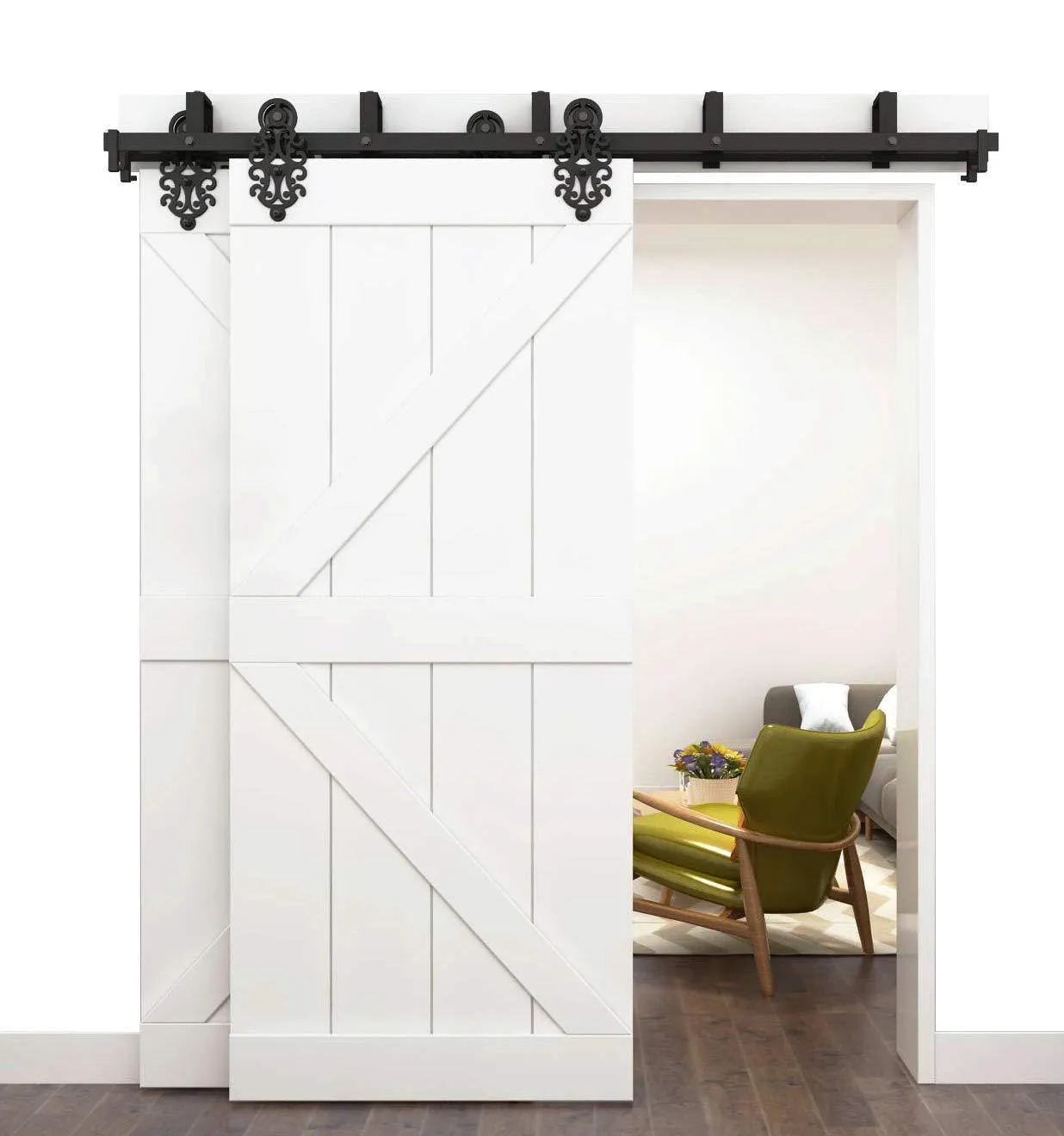 2 Dörrar Bypass Royal Pattern Black Steel Gliding Barn Door Hardware Double Closet Door Interior Door Rolling Track Set Kit