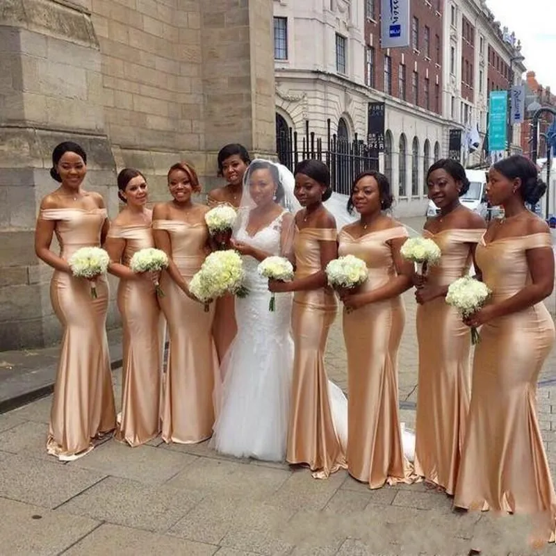 Afryki Off The Ramię Mermaid Druhna Sukienki 2018 Nowy Złoty Piętro Długość Bez Rękawów Sexy Black Girl Wedding Guest Prom Dress