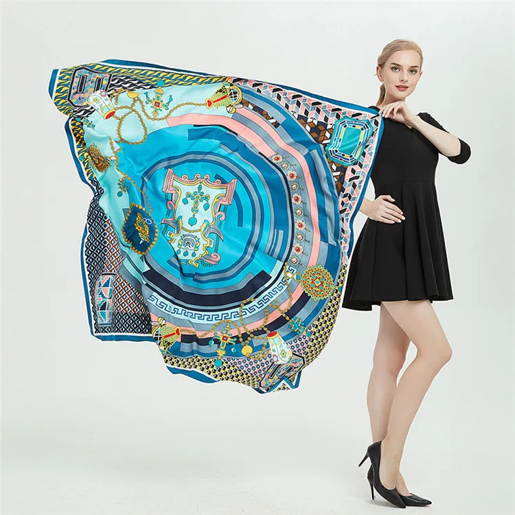 Twill Silk Scarf Women Spain Large Shawls Retro Print Stoles Square Bandana Fashion Kerchief Female Foulard 130CM*130CM