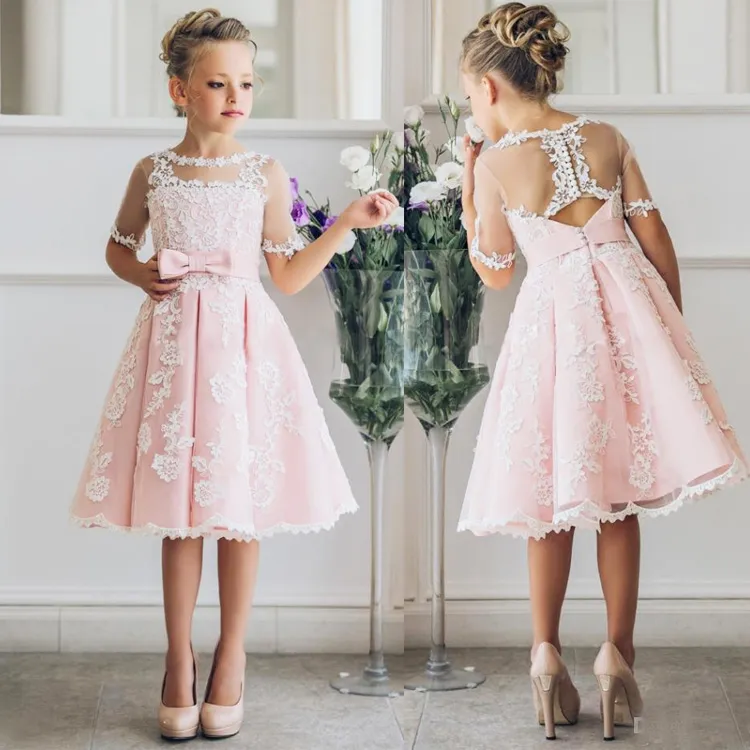 2019 Fancy Blush Pink Flower Girls vestidos con apliques medias mangas hasta la rodilla vestido de desfile para niñas lazos de cinta para boda