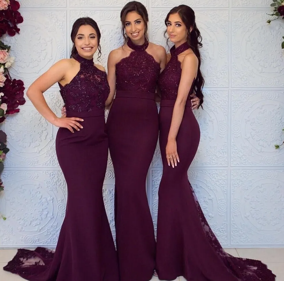 Sexy Grape Mermaid Bridesmaid Dress Long High Neck Wedding Guest Black Girl Wedding Prom Evening Party Gowns