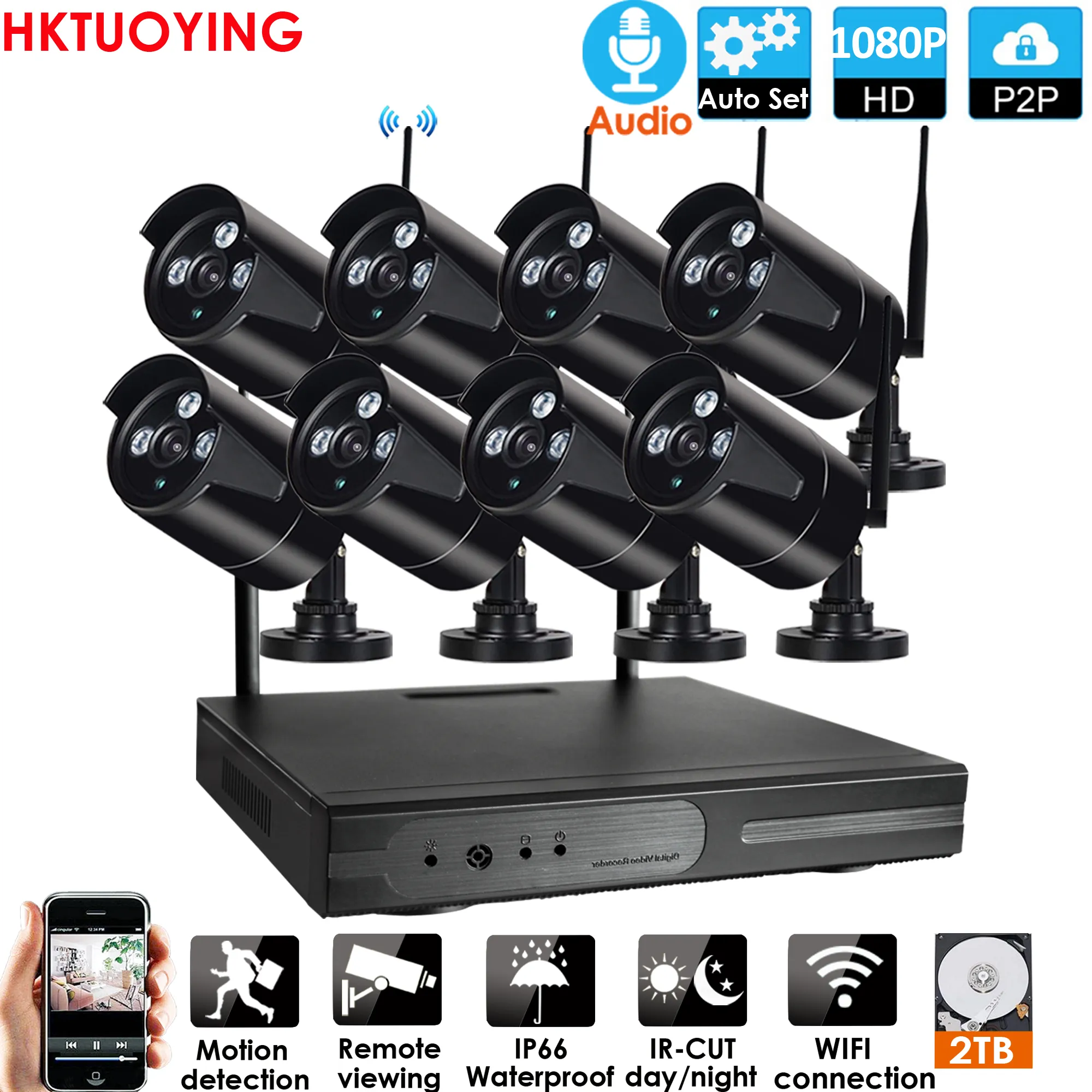 8CH 1080P HD Audio Wireless NVR Kit P2P 1080P Indoor Outdoor IR Night Vision Security 2.0MP Audio IP Camera WIFI CCTV System