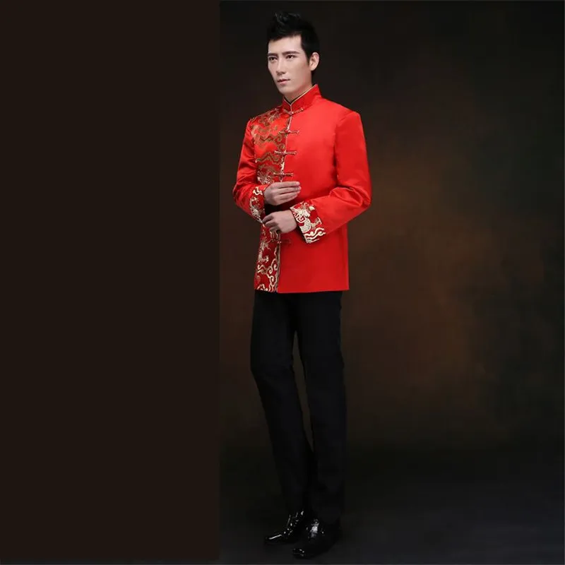 Red Dragon Chinese Dress Long Sleeve Groom Wedding Traditional Gown Men Satin Cheongsam Top Costume Tang Suit Toast Clothing228J