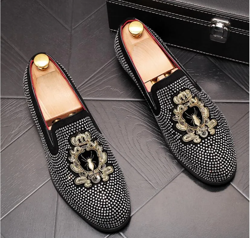 Handmade Black Rhinestone embroidery Fashion Men`s Suede Loafers Wedding Party Men Shoes Noble Elegant Dress Shoes for Men 37-44