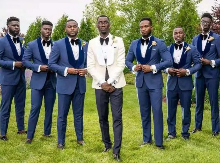 Tuxedos de marié ivoire / bleu châle revers Groomsman mariage smokings hommes veste blazer 3 pièces costume collectif personnaliser (veste + pantalon + cravate + gilet) 485