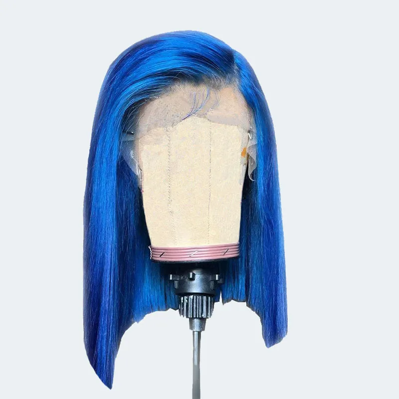 Cor azul Curto Bob Estilo Peruca Dianteira Do Laço Sintético Fibra Resistente Ao Calor Natural Fibra De 3 Polegadas Parte Lateral Partido Cosplay Perucas Para As Mulheres