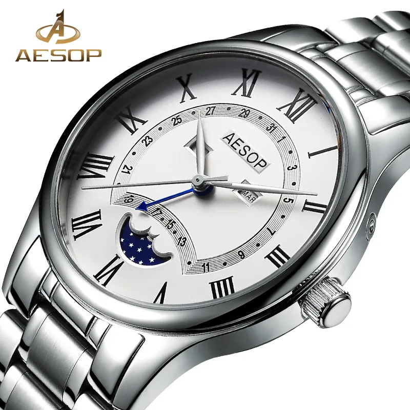 Aesop Watch Mężczyźni Luksusowy Księżyc Faza Quartz Wrist Wristwatch Zegarek Ze Stali Nierdzewnej Mężczyzna Zegar Mężczyźni Wodoodporny Relogio Masculino