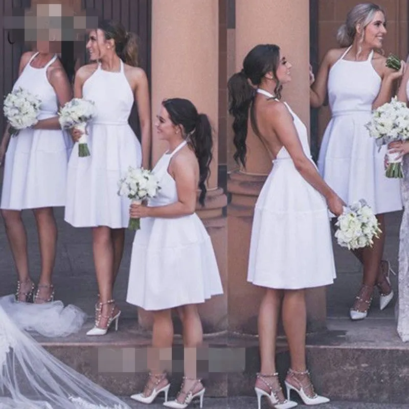 2019 goedkope halter korte bruidsmeisje jurken lint A-lijn land strand bruiloft gasten jurk meid van eer jurken op maat gemaakte plus size
