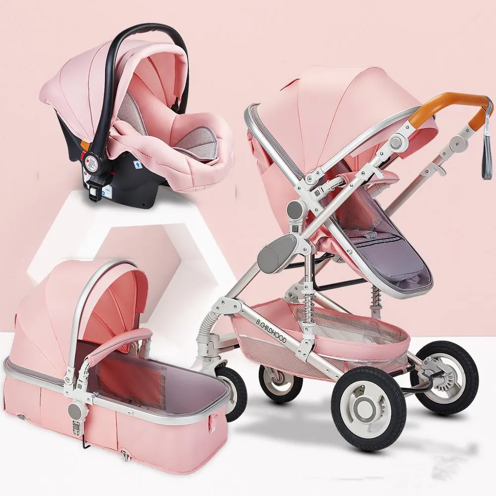 High Landscape Baby Wandelaar 3 in 1 Hot Mom Roze Wandelwagen Travel Pram Carriage Mand Baby Autostoel en Trolley
