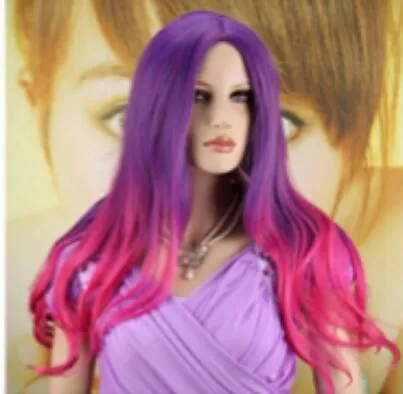 WIG envío gratis mujeres peluca larga resistente al calor rizado ondulado púrpura y rosa pelo Cosplay fiesta pelucas completas