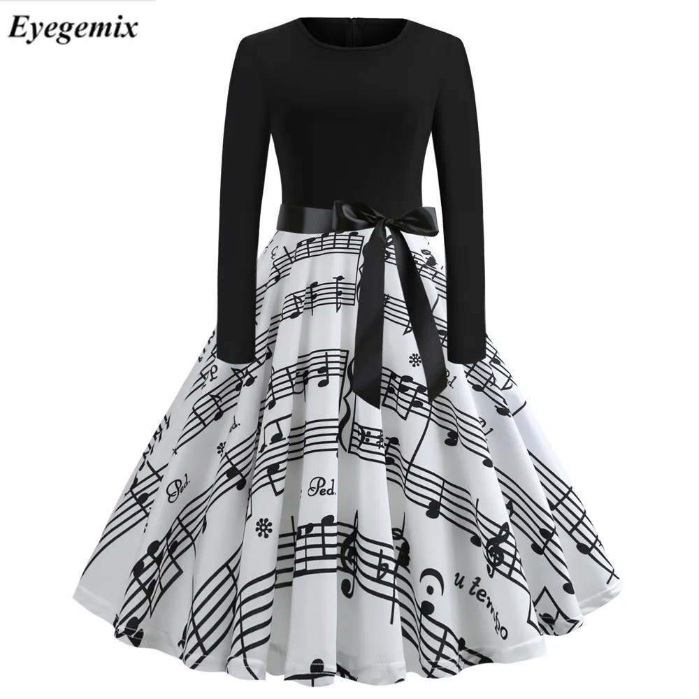 Muziek Opmerking Print Elegante Party Jurken Dames 50s 60s Retro Vintage Robe Rockabilly Jurk Plus Size Casual Winter Midi Vestidos