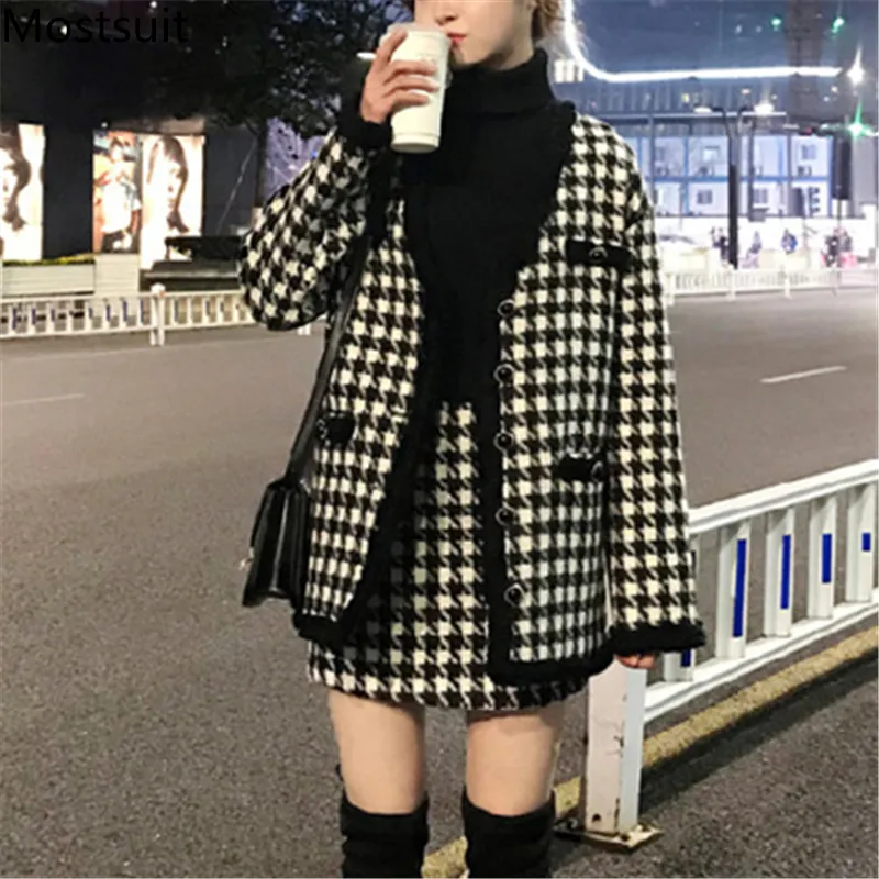 Sport Houndstooth Vintage Two Outfits Women Autumn Cardigan Tops and Mini Skirt Suits Elegant Ladies 2 Piece Sets 2024 Hot Sale