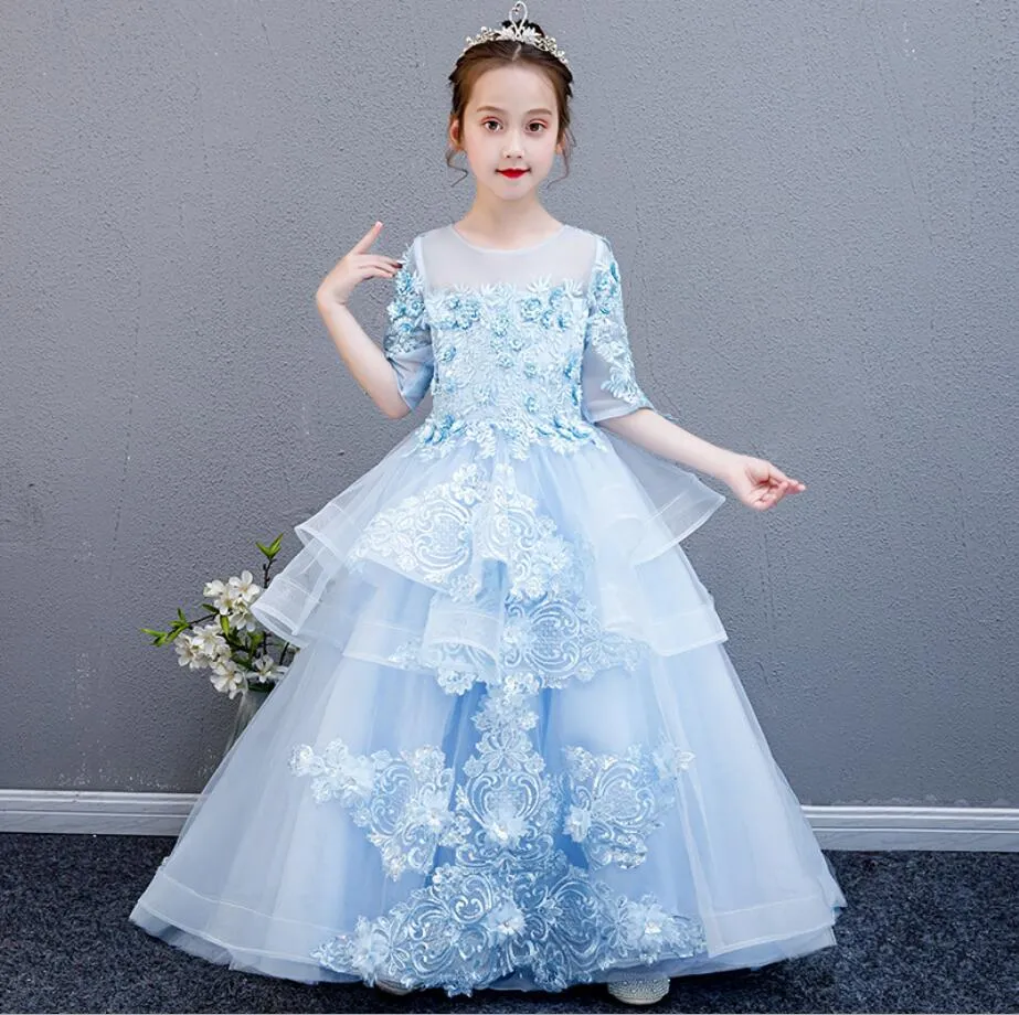 Blue Lace Girl Princess Party Dress Long Trailing Wedding Clothes Toddler  Girl Pageant Prom Dress from Dhgate Girl's Pageant Dresses - price 56.29