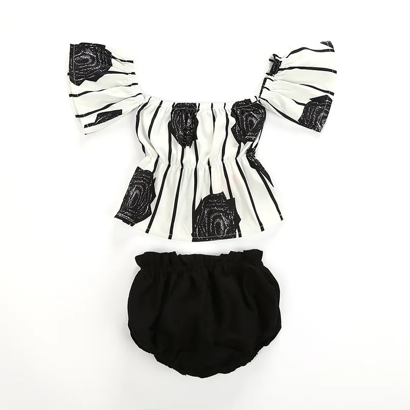 Baby Meisjes Off Shoulder Outfits Floral Stripe Print Tops + Bloomers Shorts 2pcs / Set 2019 Zomer Mode Kinderkleding Sets C6246