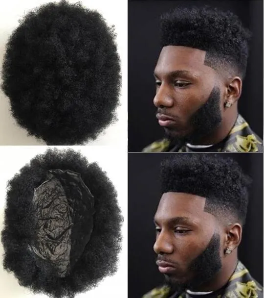 Sistema di capelli per uomo Parrucca Super Full Thin Skin Afro Hair Toupee Jet Black Color # 1 Sostituzione dei capelli umani di Remy vergine brasiliana per uomo