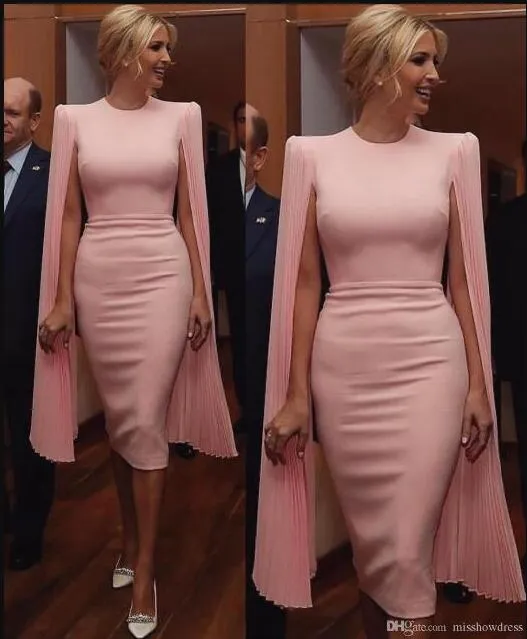 Blush Pink Capped Satin Saath Sukienki Koktajlowe Moda Plisowane Skromne Długość Kolana Formalna Party Suknie Wieczorowe Arabski BC2818