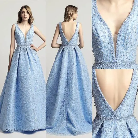 2019 Kostenloser Versand Promi Auf Lager Ballkleid V-Ausschnitt Abendkleid Ärmelloser Stil Perlen Blaues Abendkleid Vestido Formatura Partykleid