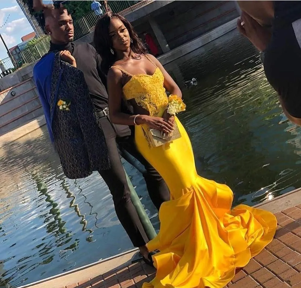 South African Black Girls Prom Dresses 2020 Yellow Mermaid Lace Appliques Pageant Holidays Graduation Wear Formal Evening Party Gowns
