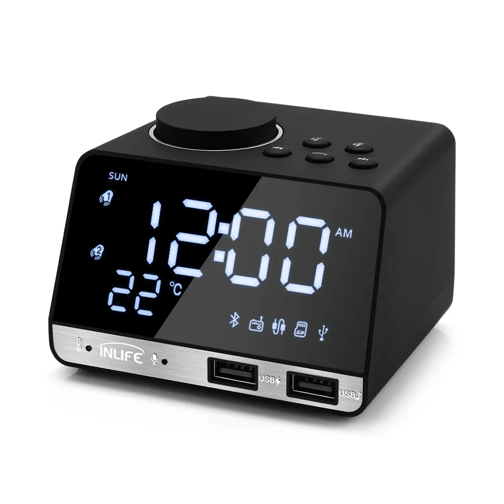 InLife K11 Bluetooth 4.2 Radio väckarklocka Högtalare med 2 USB -portar LED Digital Alarm Clock Home Rekar Snooze Table