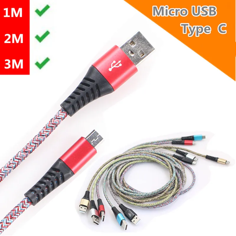 1m 2m 3m Höghastighetsgrad 2.1a Mikrokablar Typ C USB-kabel för Android Telefon Laddare Synkronisering Data Cord Galaxy S20 S8 S7 Android Mobiltelefon