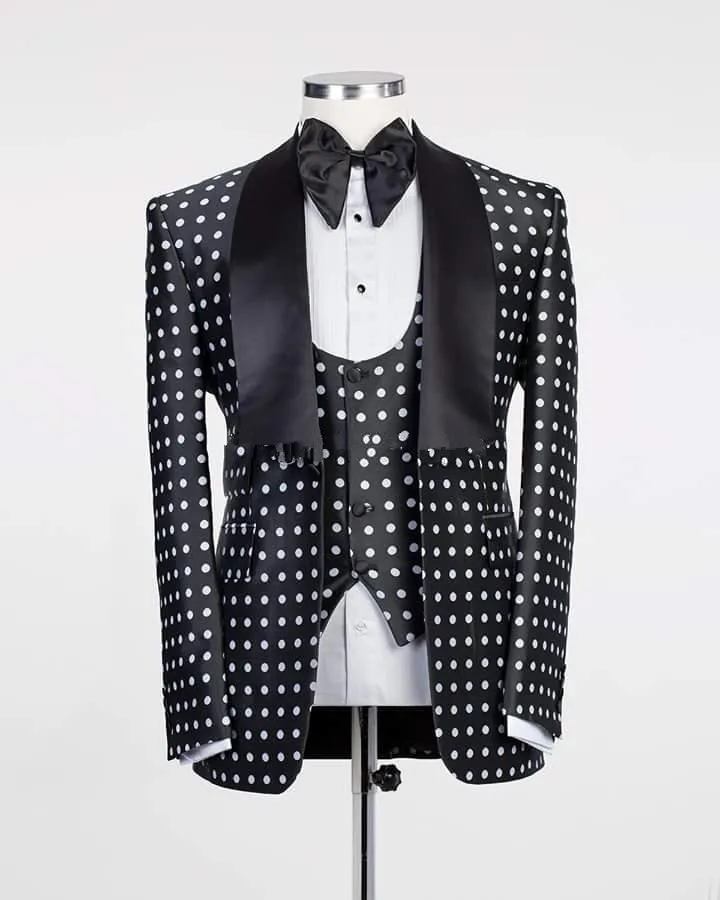 Tek Düğme Siyah Puantiyeli Düğün Damat Smokin Şal Yaka Groomsmen Erkek Yemeği Blazer Suits (Ceket + Pantolon + Yelek + Kravat)