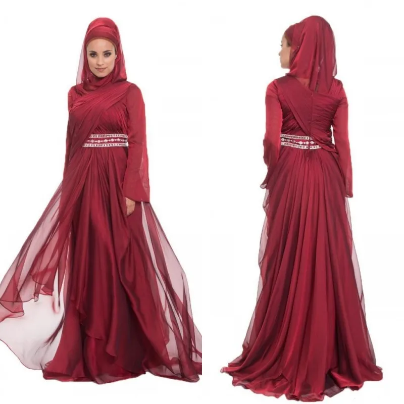 2019 nouveautés robes de soirée musulmanes avec Hijab corsage plissé perles taille ruché une ligne bordeaux violet en mousseline de soie robe de soirée arabe