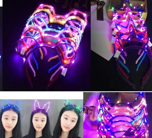 LED LIGHT UP CAT 토끼 마우스 귀 호른 크라운 헤드 밴드 성인 어린이 파티 빛나는 깜박이는 헤어 밴드 후프 홍보 댄스 팬 치어 소품 선물