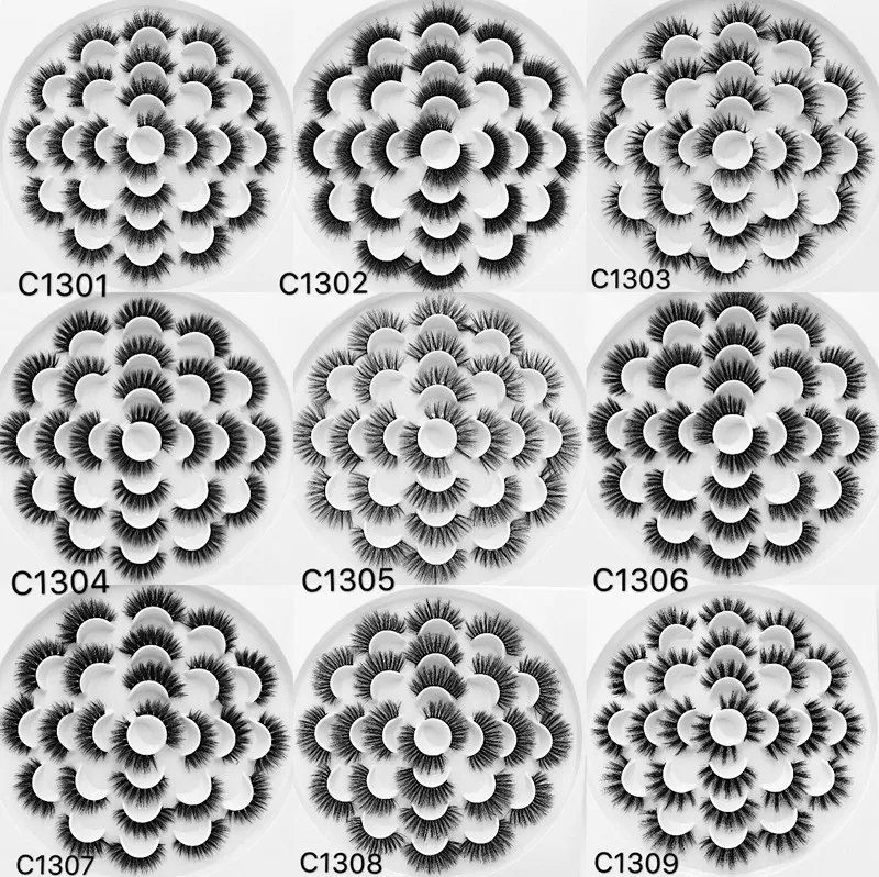 13 paia di capelli di visone ciglia finte spesse naturali con ali lunghe kit estensioni ciglia C1301 ~ C1309