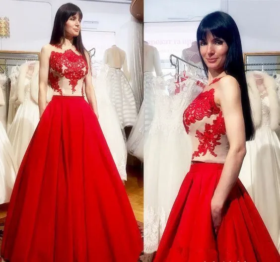 Vintage 2019 Red Lace Satin Ilusão Vestidos de Baile Longo Sem Mangas A Linha Até O Chão Vestidos de Noite Formais New Party Vestidos 32