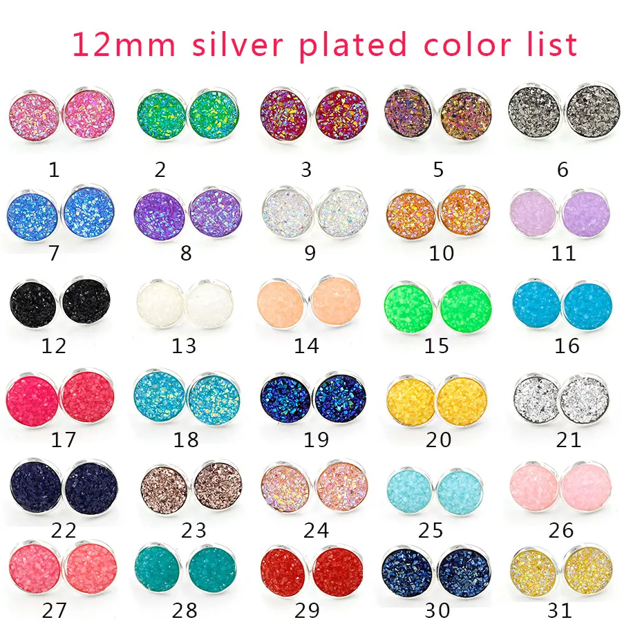 8mm 12mm mooie handgemaakte hars ronde druzy oorbellen trendy eenvoudige roestvrij stalen toon Groothandel hars stenen oorbel voor dame geschenk