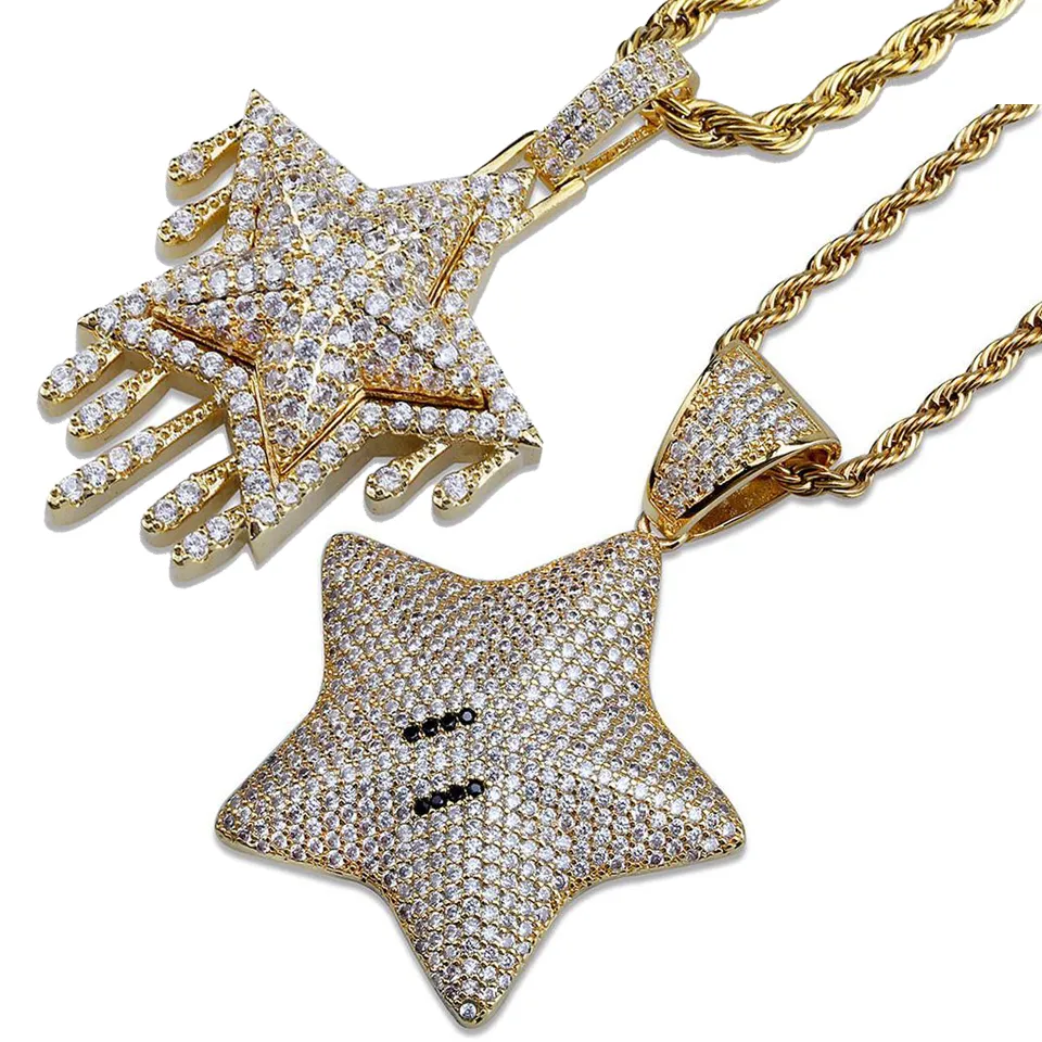 Mode - Or 18 carats et or blanc plaqué diamant complet CZ Zircon Pentagram Pendentif Collier Hip Hop Bijoux Cadeaux pour hommes et femmes 2405