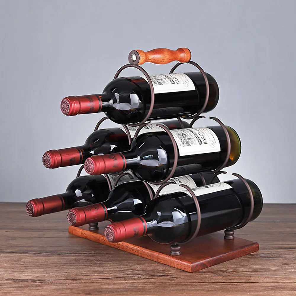Retro Wood And Metal Wine Rack 6 Bottle Capacity Portable