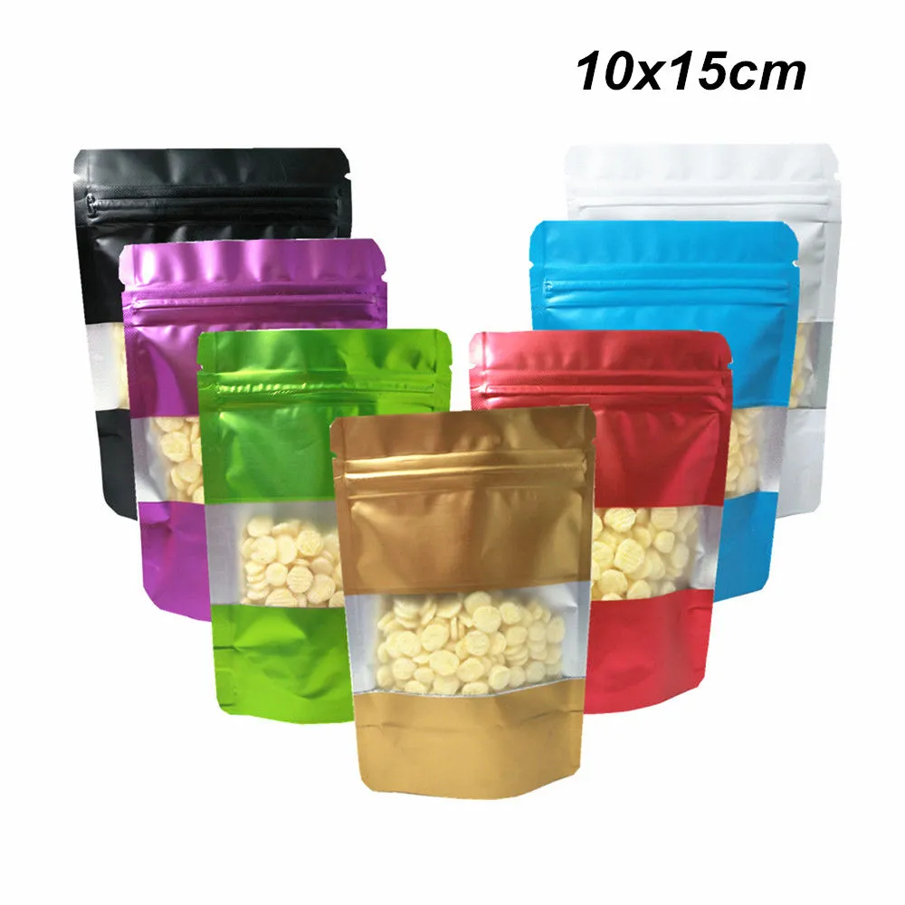 100Pcs 10*15cm Stand Up Matte Aluminum Foil Package Pouch with Window Snack Tea Coffee Powder Storage Mylar Packing Bag Zipper Packaging Bag