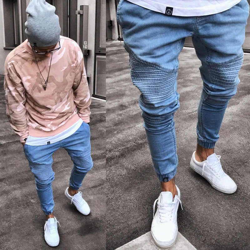 Men's Jeans 2019 Stretchy Ripped Skinny Biker Destroyed Slim Fit Denim Pants Mens Elastic Waist Harem Men Jogger Clothes