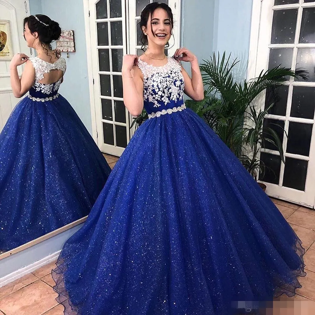 White Lace Royal Blue Prom Dresses Sparkly Sequins Beaded Floor Length Scoop Neck Evening Ball Gown Quinceanera Birthday Party Formal Wear