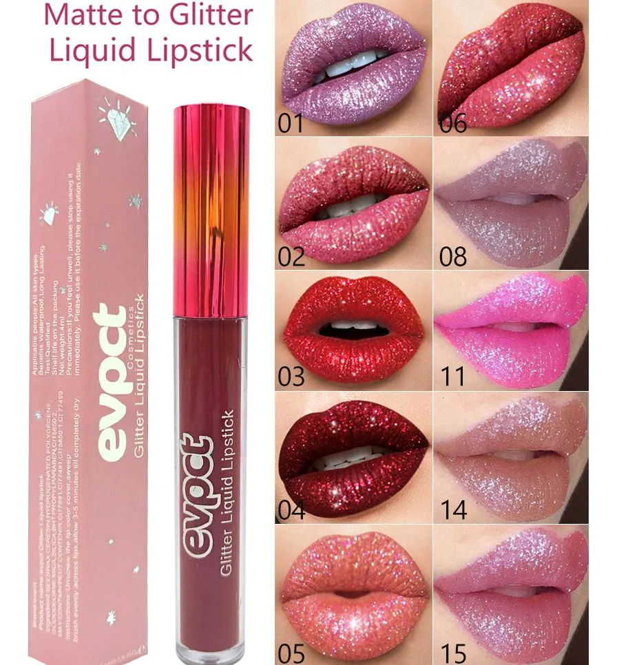 Evpct Glitter Flip Lip光沢のベルベットのマットの唇の色合いの防水ロングリタンダイヤモンドフラッシュシマー液体口紅15色
