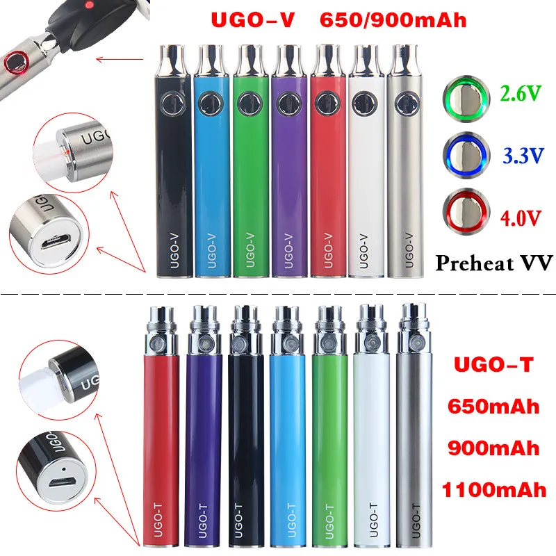 Custom Vape 510 Thread Preriscaldamento Batteria VV Evod Micro USB Passthrough Carica inferiore UGO V T Ego Vaper Penne 650 900 1100 mAh