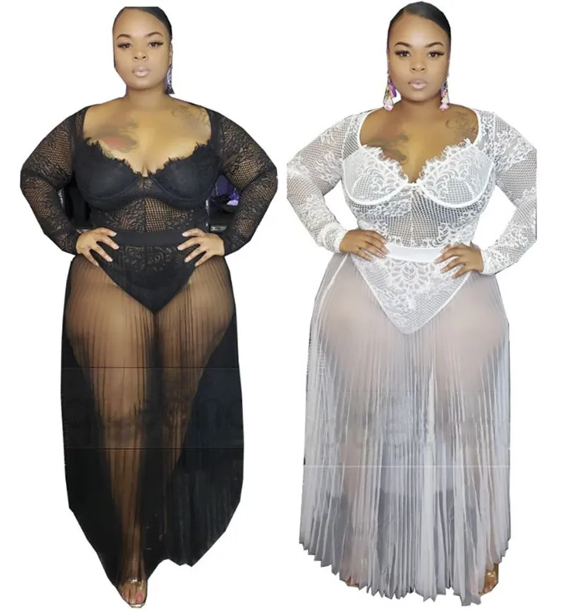 Plus la taille XL-4XL 5XL Femmes combinaisons sexy + robe en maille pure deux pièces ensemble body de mode + dentelle sexy jupe une pièce dame robe de soirée 2520