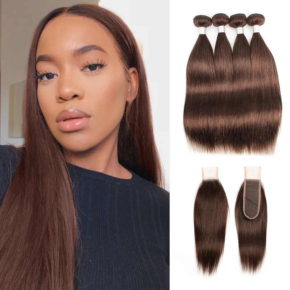 Couleur 4 faisceaux de tissage de cheveux brun chocolat avec fermeture 3 ou 4 faisceaux avec fermeture à lacet 2x6 extensions de cheveux humains Remy droites péruvienne